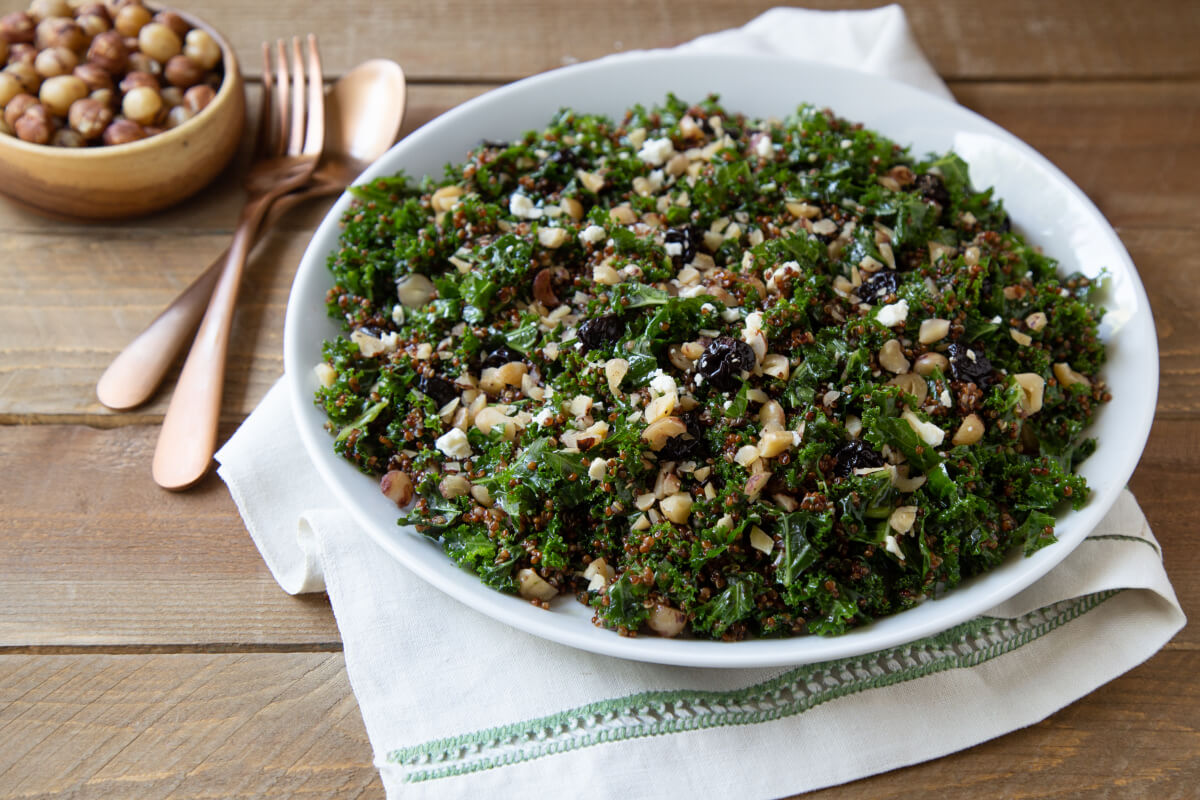 Red Quinoa and Kale Salad with Toasted Hazelnuts and Honey Balsamic Vinaigrette