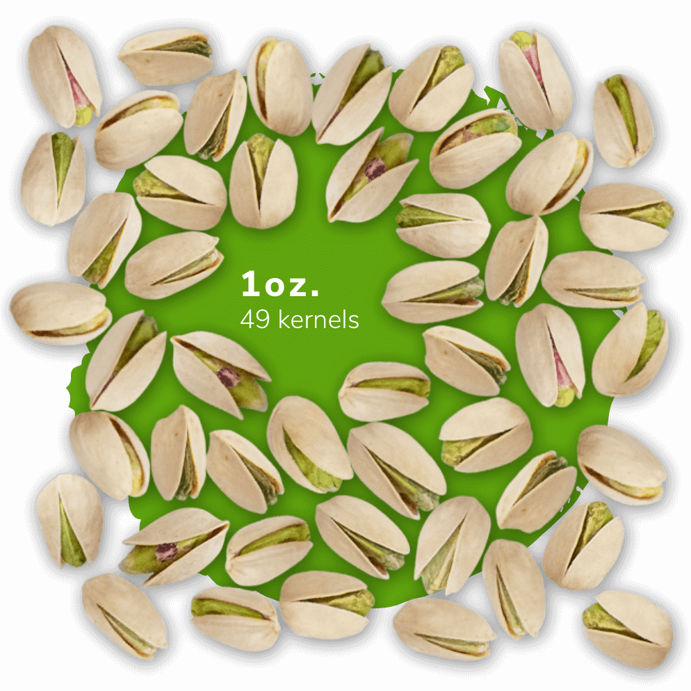 1oz. of pistachios equals 49 kernels