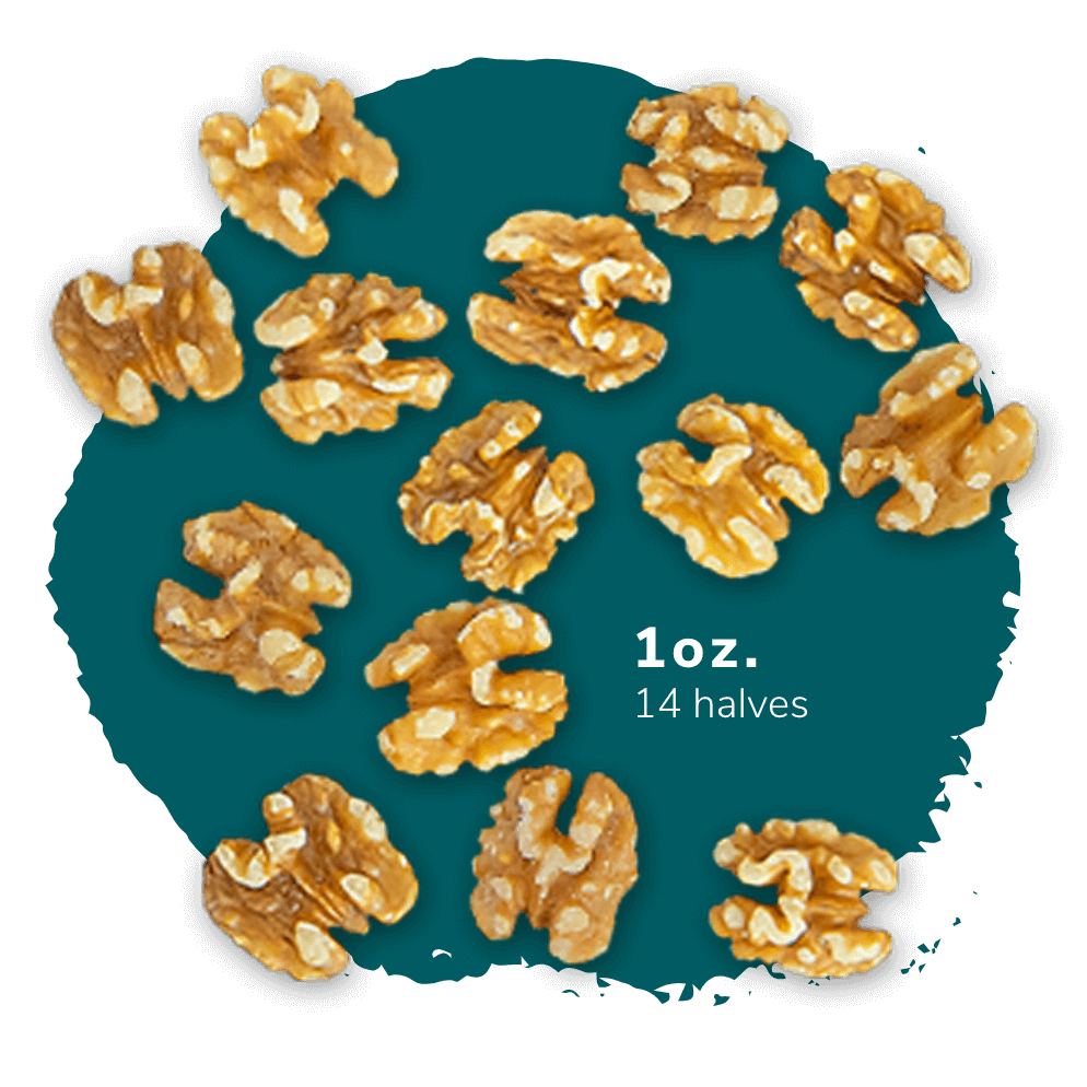 1oz. 14 halves of Walnuts in a circle with a dark teal background