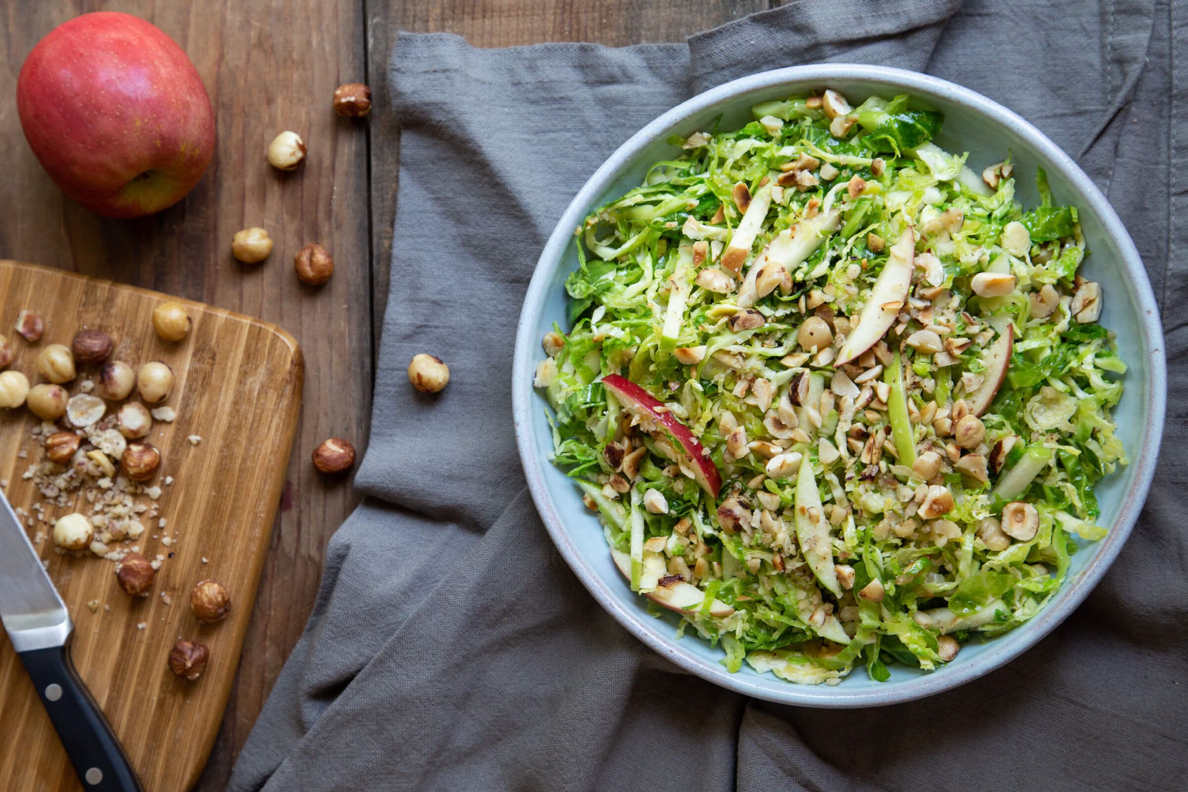 Shredded Brussels Sprouts and Apple Salad with Toasted Hazelnuts