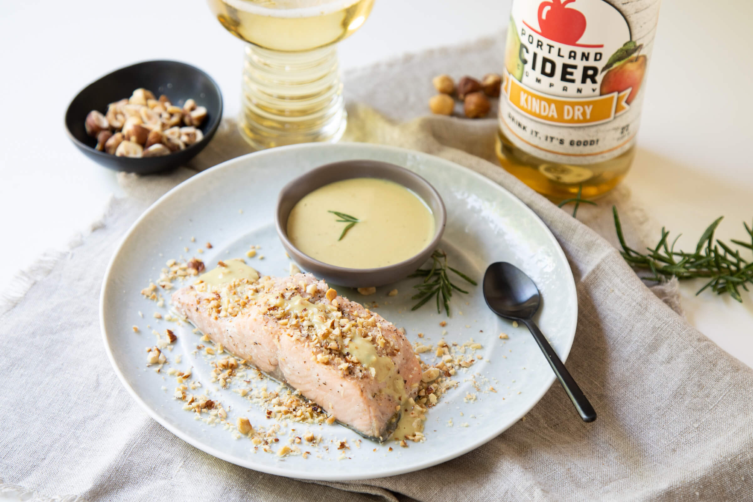 Cider Poached Salmon with Hazelnuts and Cider Mustard Sauce