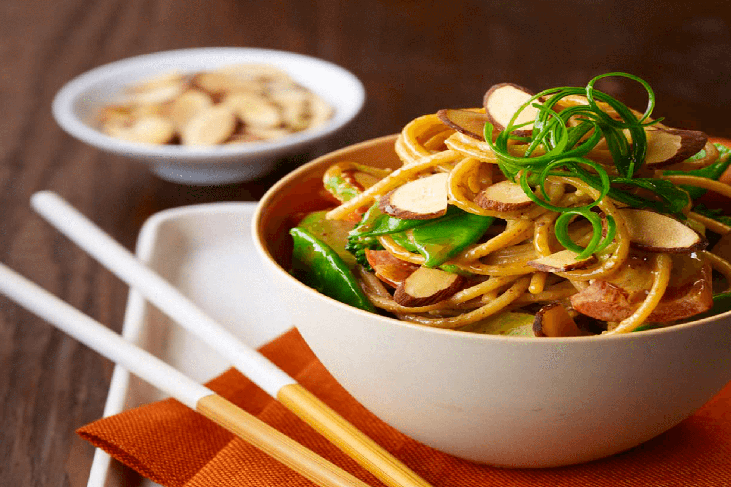 Asian Noodle Bowl with Spicy Almond Sauce