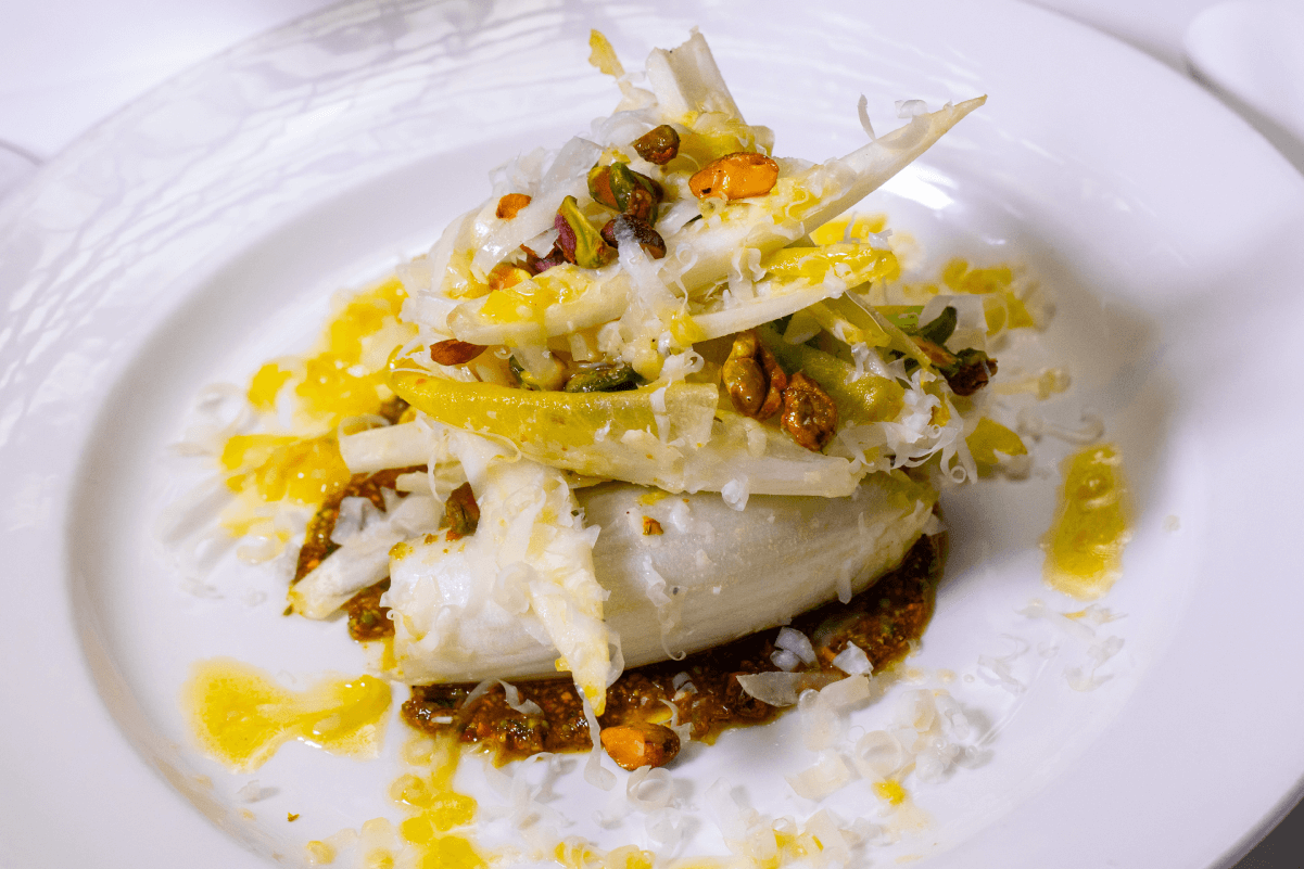 Belgian Endive Salad with Avocado, Piave and Pistachio Aillade