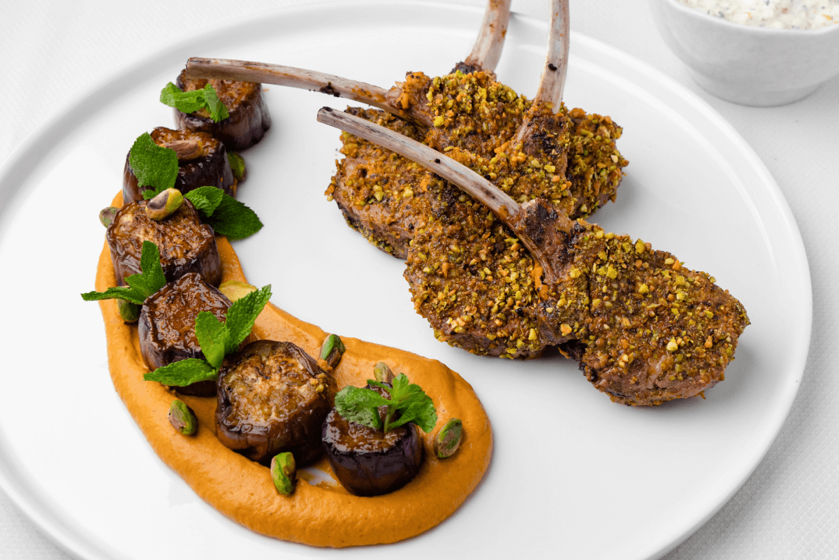 Harissa-Spiced Lamb with Glazed Eggplant and Pistachio Raita