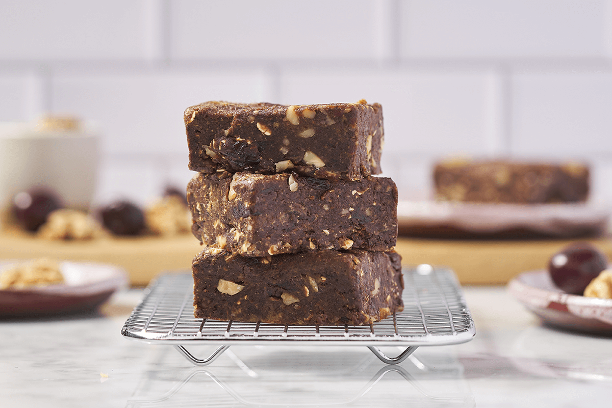 No-Bake Walnut, Cocoa, Cherry Bars